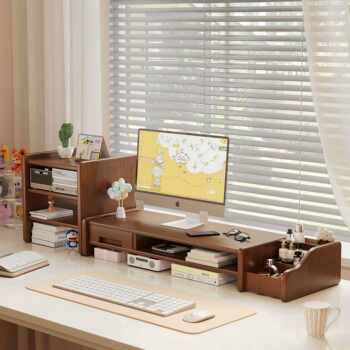 Desktop Station Computer Elevated Rack Home Office Desktop Storage Rack with Drawer Display Pad High Bracket