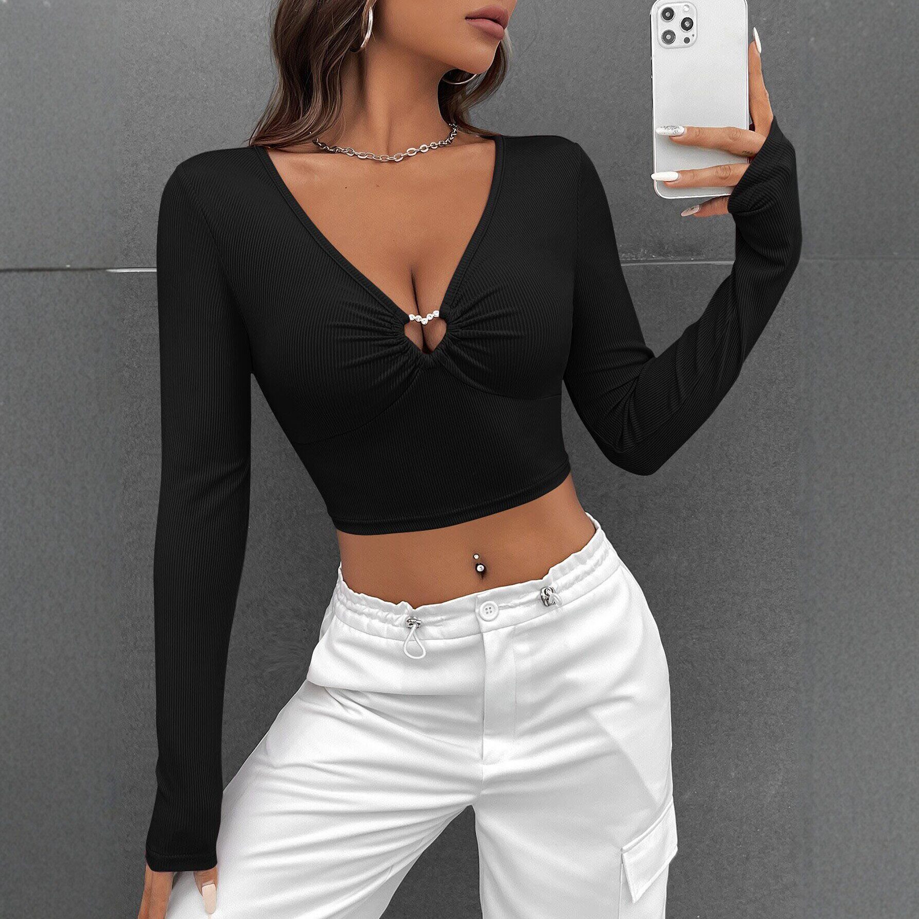 Black V Neck Hollow Out Long Sleeve T Shirt Slim Fit Waist Cinching Sexy Style Casual Wear for Women Wholesale
