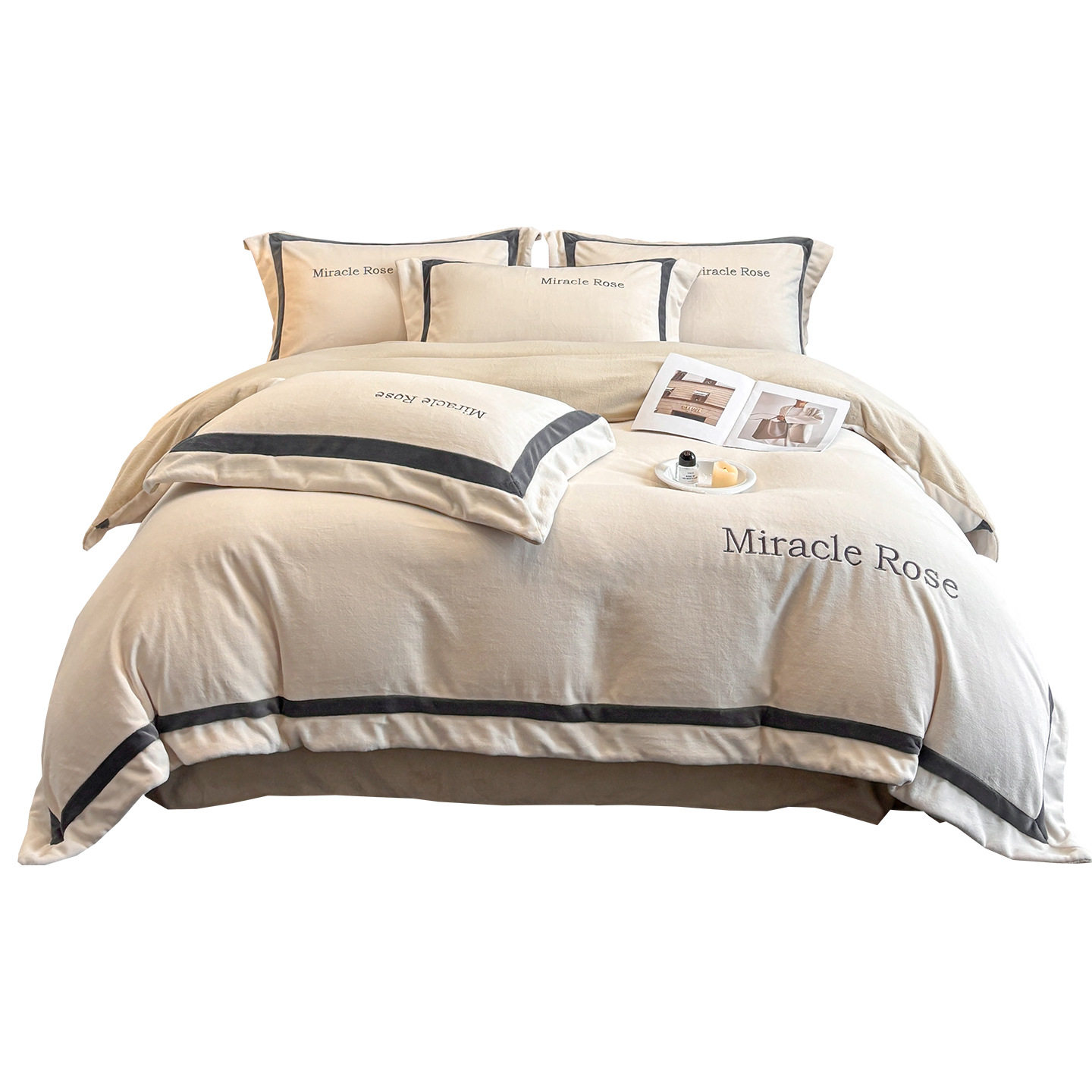 Light luxury style embroidered milk velvet bed four-piece set Winter thickened coral velvet flannel bed sheet quilt cover three-piece set