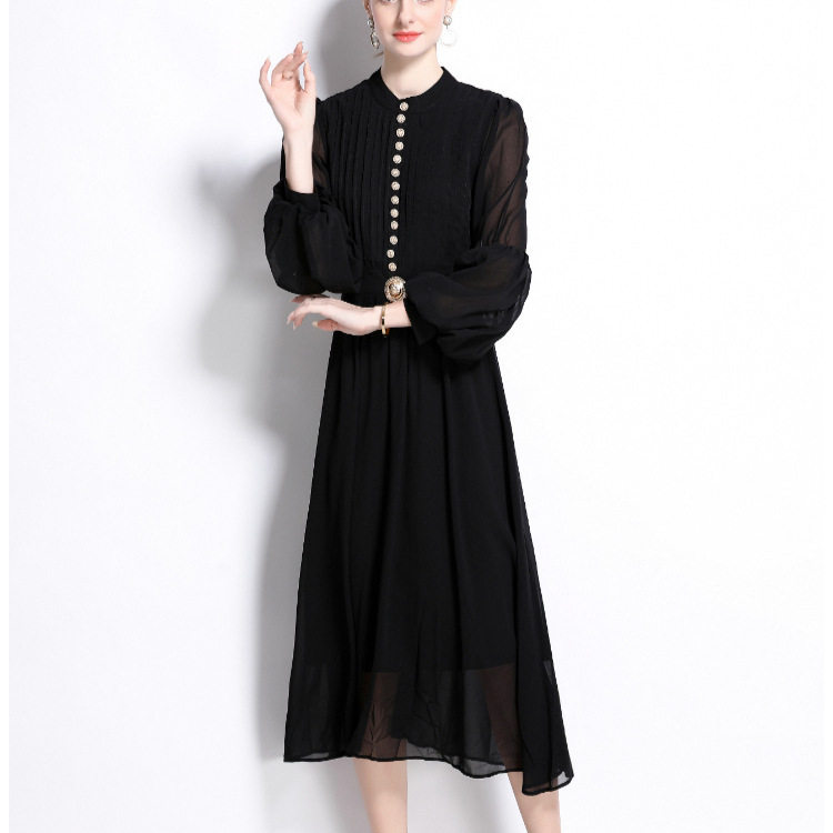Elegant French Style Chiffon Dress Spring Collection Metallic Button Waist Defining Lantern Sleeves Perfect for