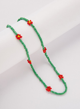 跨境项链夏季女级感时尚小花串珠项链多巴胺七彩花朵短款卡脖链