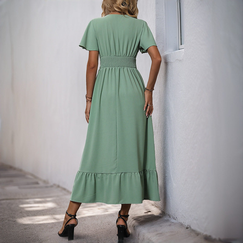 Summer Ruffle Hem Maxi Dress V Neck Fresh Green Elegant Design Perfect for Casual Outings Wholesale Available