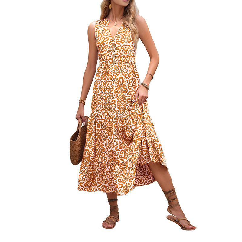 Sleeveless V Neck Abstract Floral Print Dress Summer Style Lightweight Fabric Trendy Design Wholesale Available