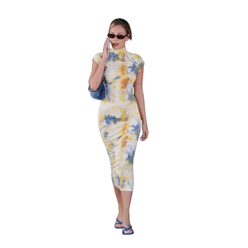 Elegant Floral Color Block Print Bodycon Dress Short Sleeve Half High Neck Spring Summer Fashion Wholesale Available