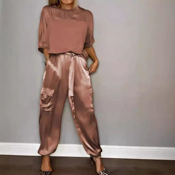 2024 Amazon European and American New Fashion Young Ladies Satin Half-Sleeved European and American Suit Tops. Pants 2-Piece Set