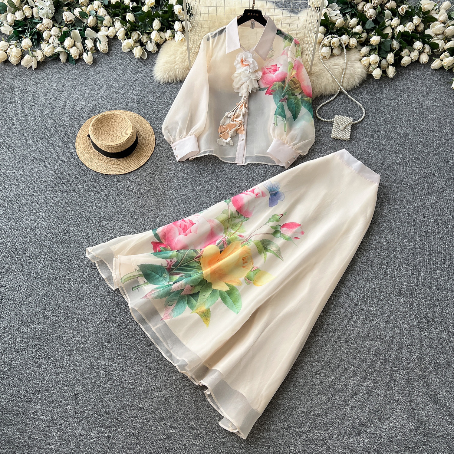 French Romantic Floral Two Piece Set Lantern Sleeve Mesh Top Waist Defined Midi Skirt Autumn Office Wear Wholesale