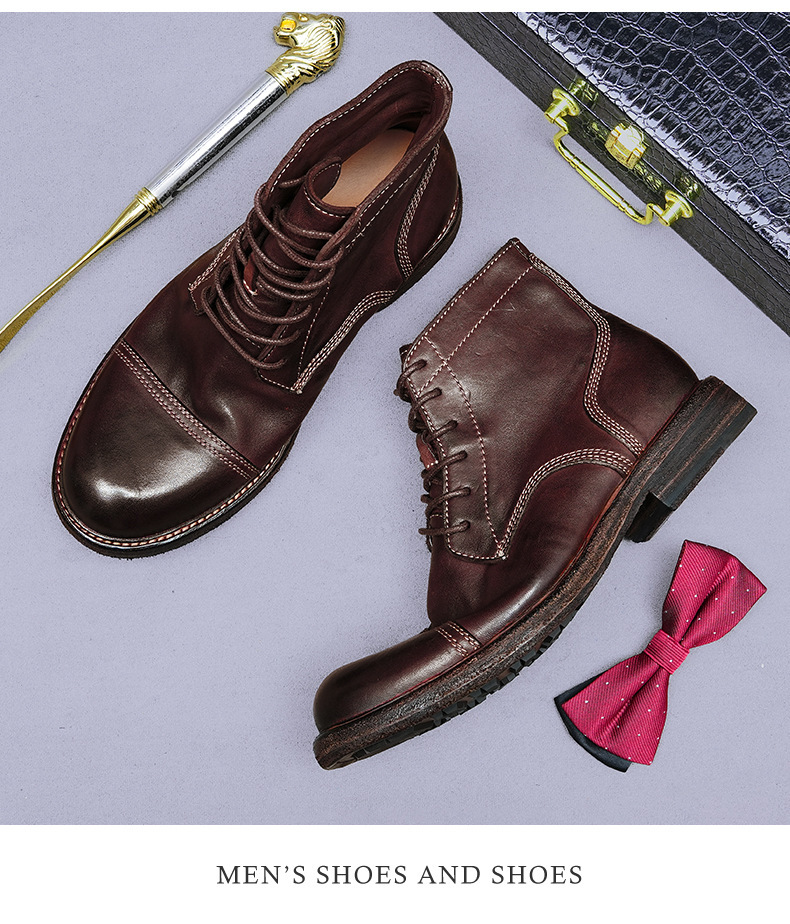 Giày boot nam da ngựa cổ cao mũi tròn đế khâu Goodyear thủ công — Màu đen, Màu cà phê