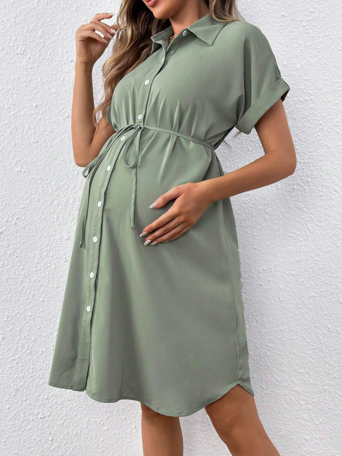 European and American New Maternity Wear Summer Short-Sleeved Button Casual Maternity Dress Fashion Belt Shirt Maternity Dress