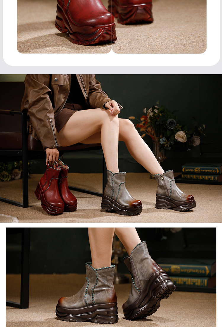 Boot nữ cổ thấp da bò thật đế dày phối màu phong cách cổ điển — màu xám, Rượu vang đỏ