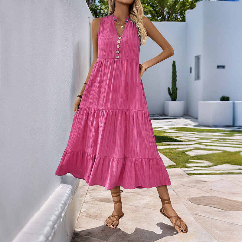 Summer Casual Midi Dress Button Detail Solid Color V Neck Sleeveless Perfect for Everyday Wear Wholesale Available