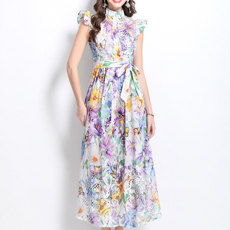 Elegant Floral Print Dress Hollow Lace Panel Flattering Waist Tie Short Flutter Sleeves Perfect for Parties and