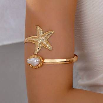 Amazon Best Selling Ocean Resort Style Starfish Shaped Imitation Pearl Armband for Women with Open Adjustable Upper Arm Bracelet for Women