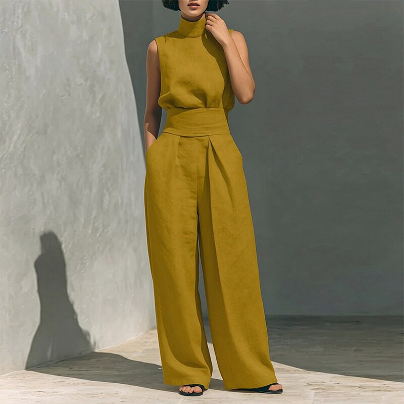 Womens Spring Outfit Set Elegant Solid Color High Neck Sleeveless Straight Leg Pants Perfect for Casual or