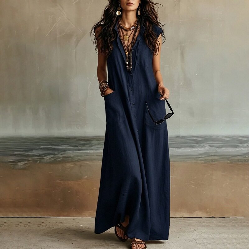 Loose Fit Button Up Long Dress Solid Color French Style Casual Vacation Wear Available for Wholesale