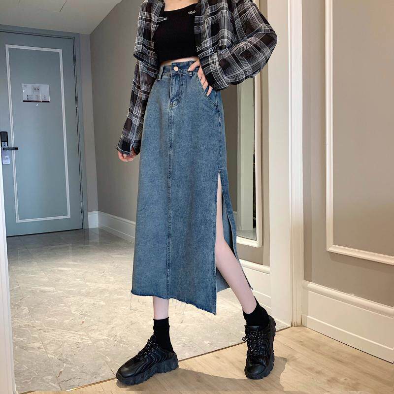 High Waisted A Line Denim Skirt Vintage Style Irregular Split Mid Length Spring Summer Fashion Wholesale Available