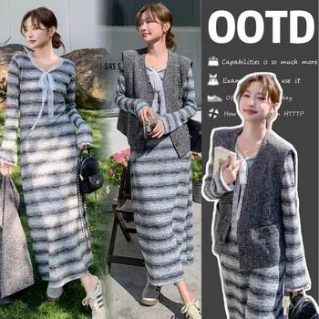 Temperament Autumn 2025 New Gray Vest + Lace Bow Striped Dress Maternity Two-Piece Set