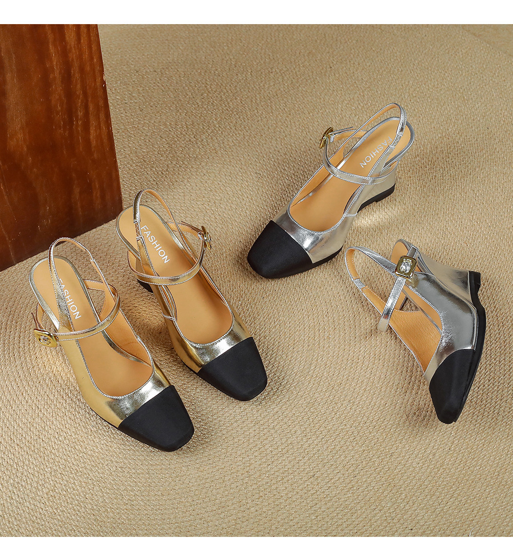 Sandal nữ mũi vuông bít mũi hở gót gót xuồng quai ngang — Màu bạc, màu vàng kim