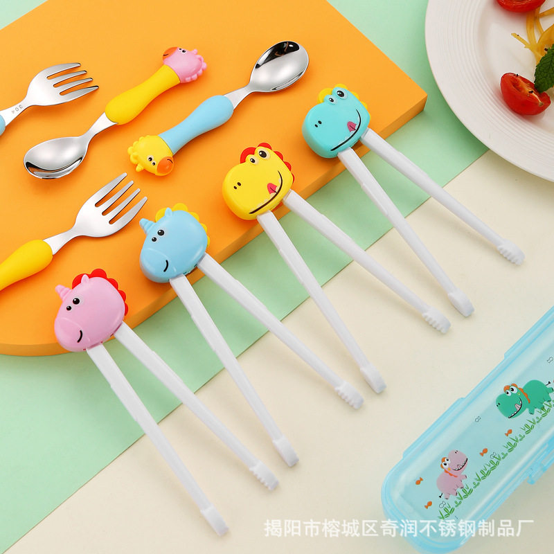 New Tiger Mouth Training Chopsticks Spoon Fork Three-piece Set Children's Supplementary Food Practice Chopsticks Cartoon Spoon Fork Small Gift Tableware