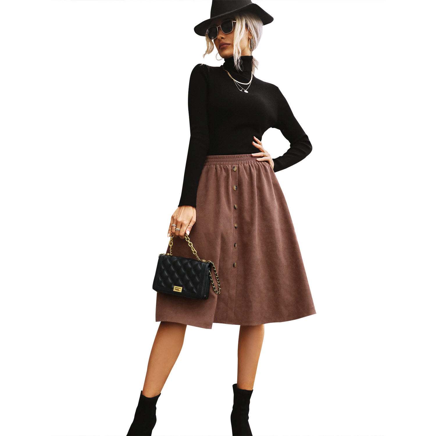 A Line Midi Skirt Button Detail Elastic Waist Fall Fashion Casual Wear for Women Wholesale Available