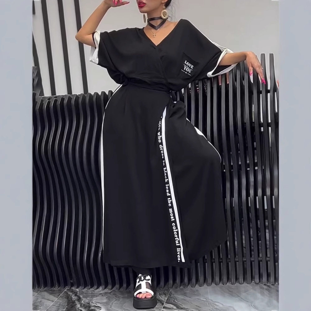 Fashion V Neck Color Block Irregular Short Sleeve Top and Loose Long Pants Set Trendy Casual Wear for Spring Summer