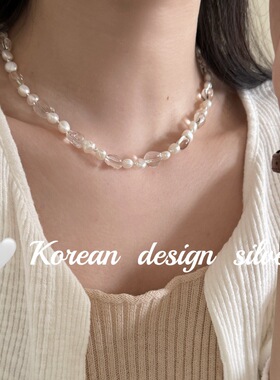 韩国ins风设计手工 S925纯银温柔椭圆透明水晶天然珍珠项链显锁骨