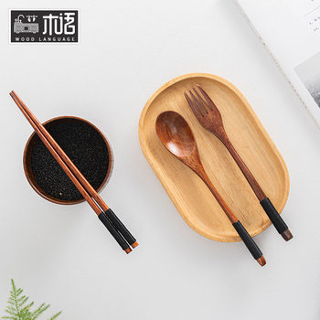 Japanese-Style Spoon, Fork, and Chopsticks Set, Nanmu Wood Old Lacquer Spoon, Chopsticks, Fork, Portable Three-Piece Set, Wooden Tableware Wholesale with Engraving