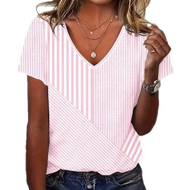 Womens Summer V Neck Short Sleeve Striped Top Trendy Floral Print Versatile Casual Wear Wholesale Available