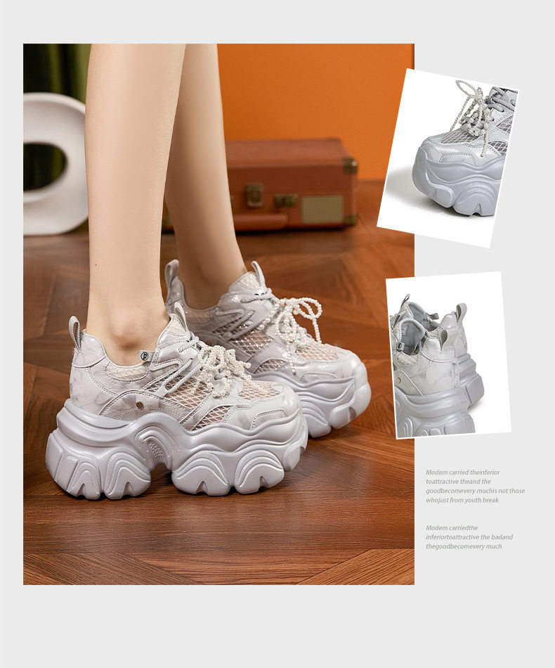Giày sneaker nữ chunky đế dày thoáng khí mùa hè — Bạc, Trắng chi tiết 3