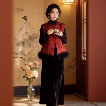 25 New Chinese-Style Corduroy Spliced Ostrich Feather Vest Tops with New Chinese-Style Stand Collar Tang Suit Button National Style Waistcoat