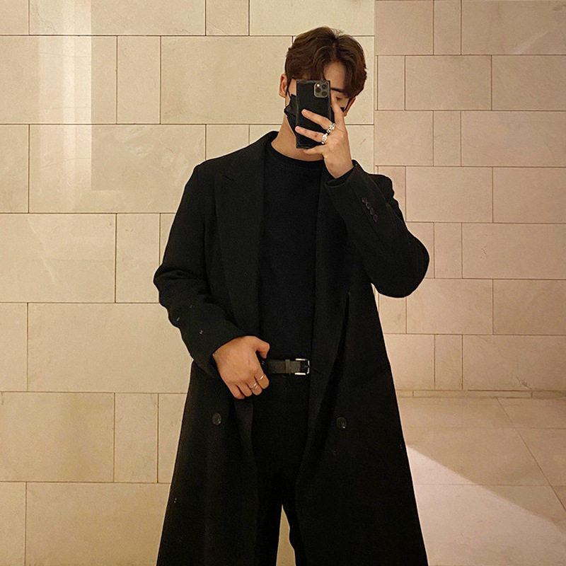 Mens Overcoat Windproof Double Layer Long Trench Coat Casual Wool Blend Available in Gray Coffee Black Wholesale