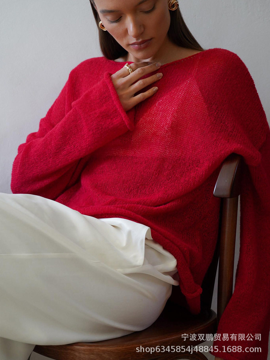 Hollow Knit Sweater Lightweight Sheer Round Neck Long Sleeve Autumn Fashion for Women Wholesale Available