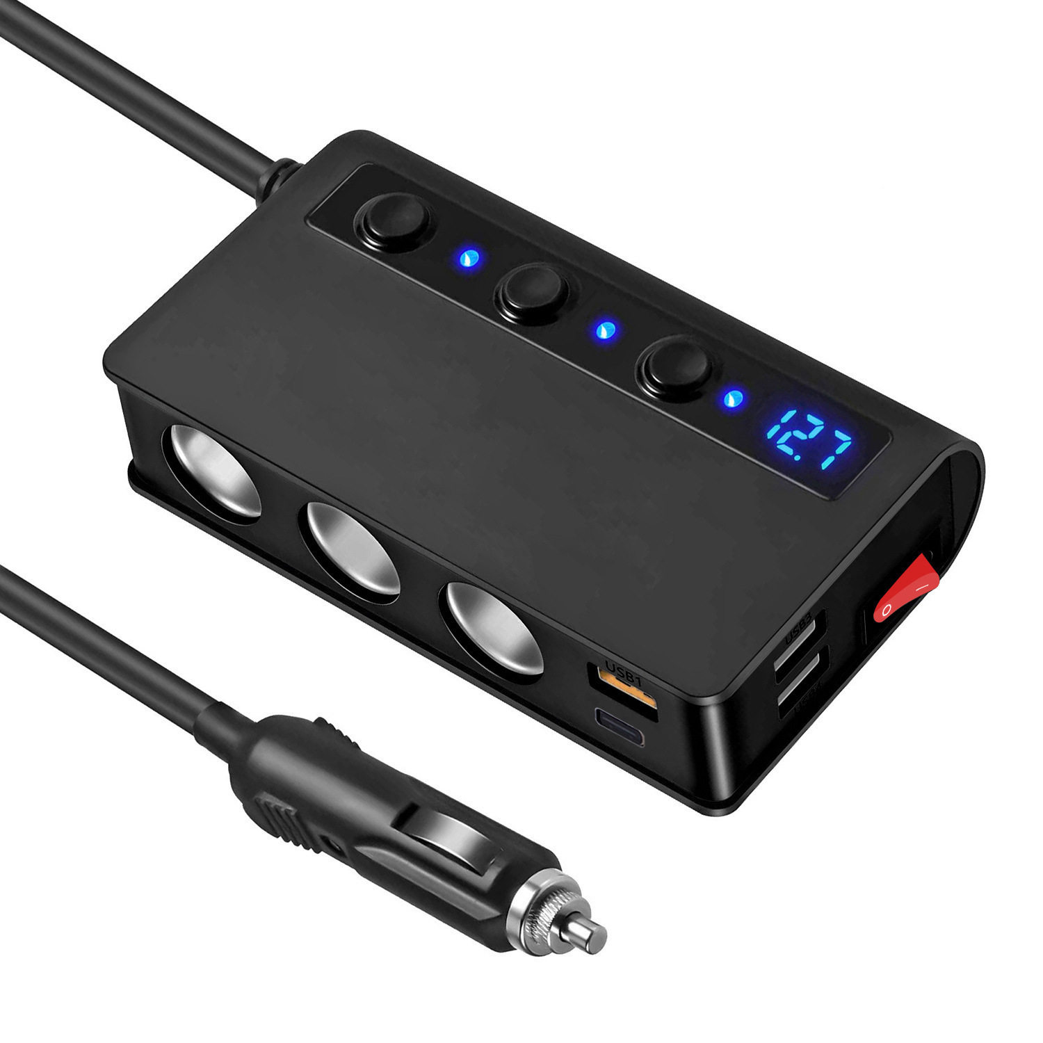180W high-power car cigarette lighter one for three QC3.0 fast charging PD20W car mobile phone charger with digital display