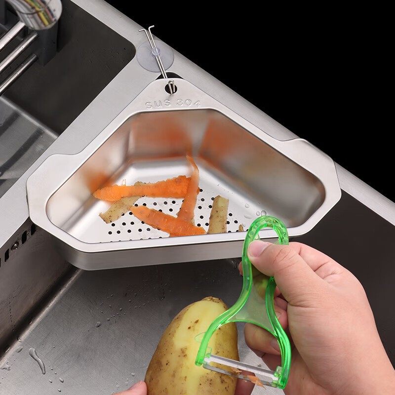 Kitchen Sink Stainless Steel Drain Basket Sink Leftover Filter Net Triangle Storage Rack Vegetable Washing Fruit Hanging Basket