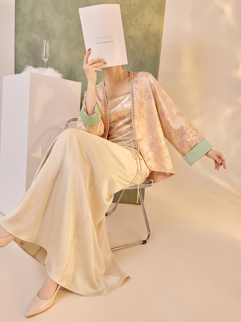 Bộ đầm nữ hai mảnh áo khoác cardigan dài tay buộc dây kèm váy hai dây dáng đuôi cá — Áo khoác (giao hàng trong 7 ngày), Váy hai dây (giao hàng trong 7 ngày), Bộ sản phẩm (giao hàng trong 7 ngày)