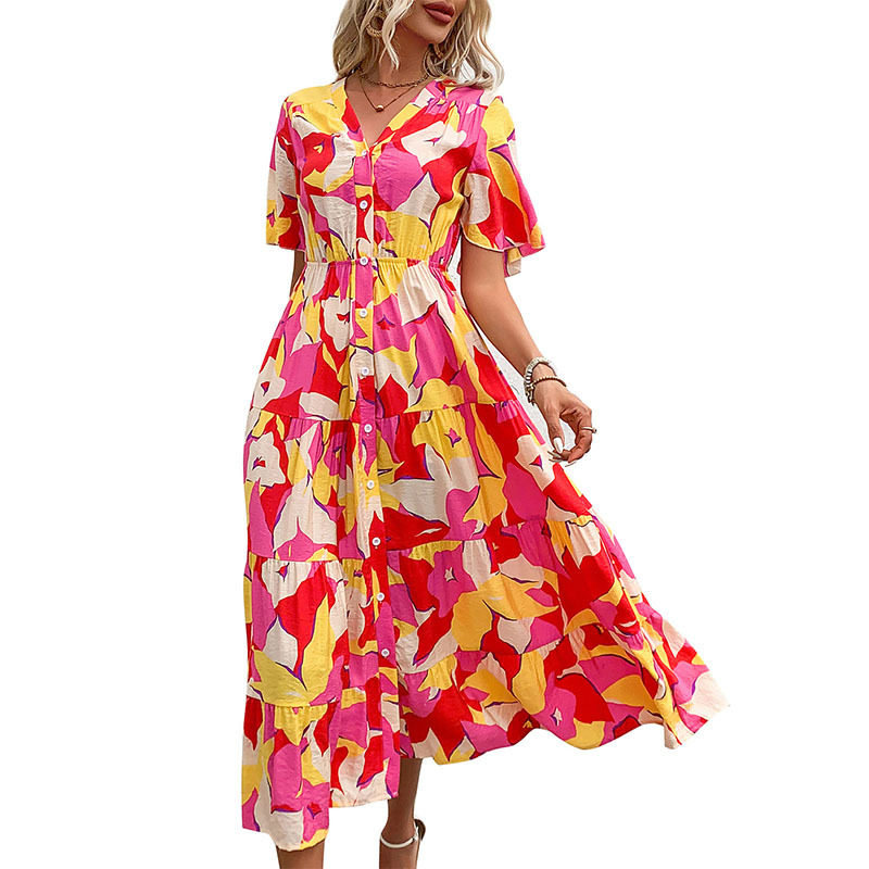 Abstract Print Ruffled Sleeve Cardigan Dress Vibrant Romantic Casual Style Perfect for Spring Summer Events