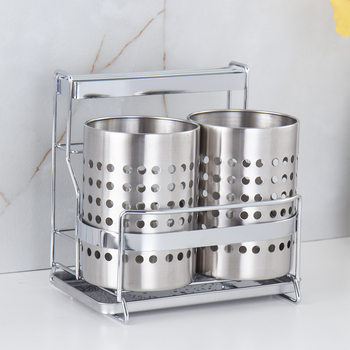 Cross-border stainless steel double-barrel tableware basket with knife holder water receiving tray draining kitchen chopsticks cage knife, fork and spoon storage cylinder