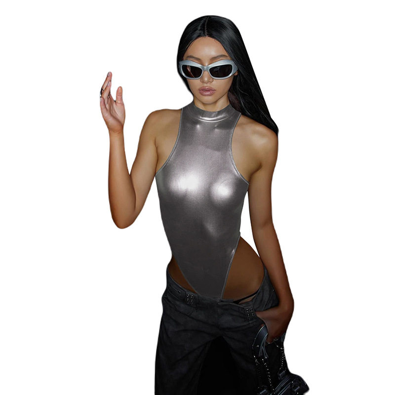 Womens Reflective Sleeveless Bodysuit Trendy Bright Colors Stand Up Collar Bodycon Fit Nightclub Fashion Wholesale