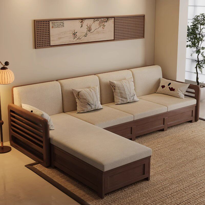 宋氏美学实木沙发四人位冬夏两用储物新中式宋代家具木头布艺沙发