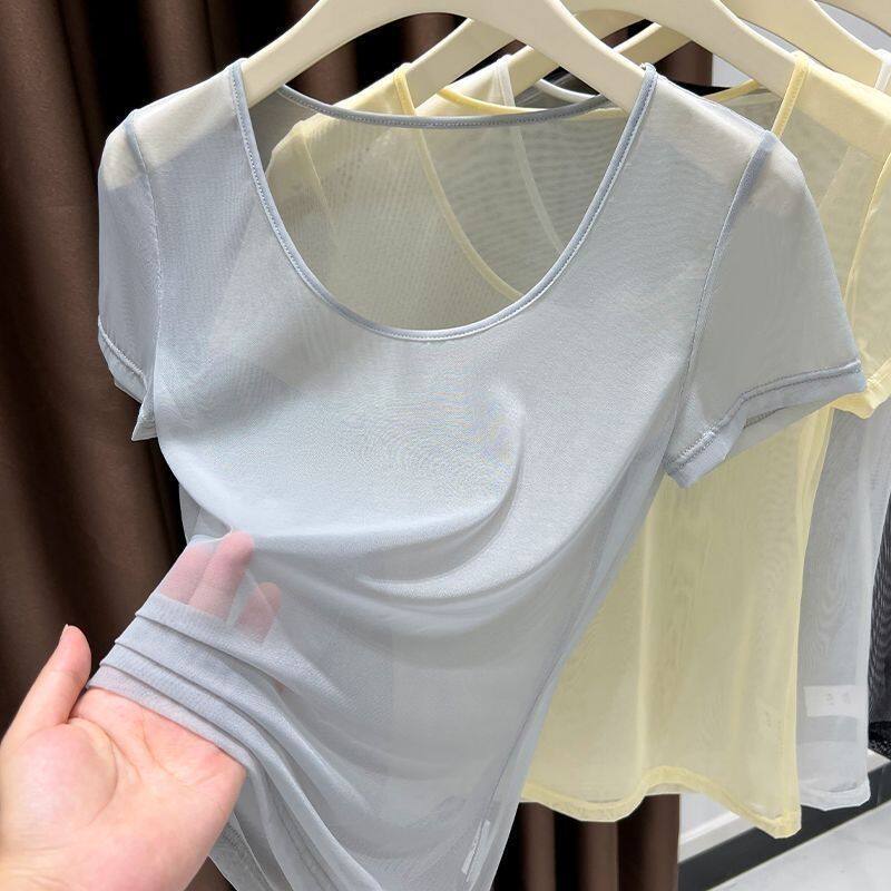 Sheer Mesh Short Sleeve T Shirt for Women Lightweight Ice Silk Versatile Style Summer Fashion Wholesale Available