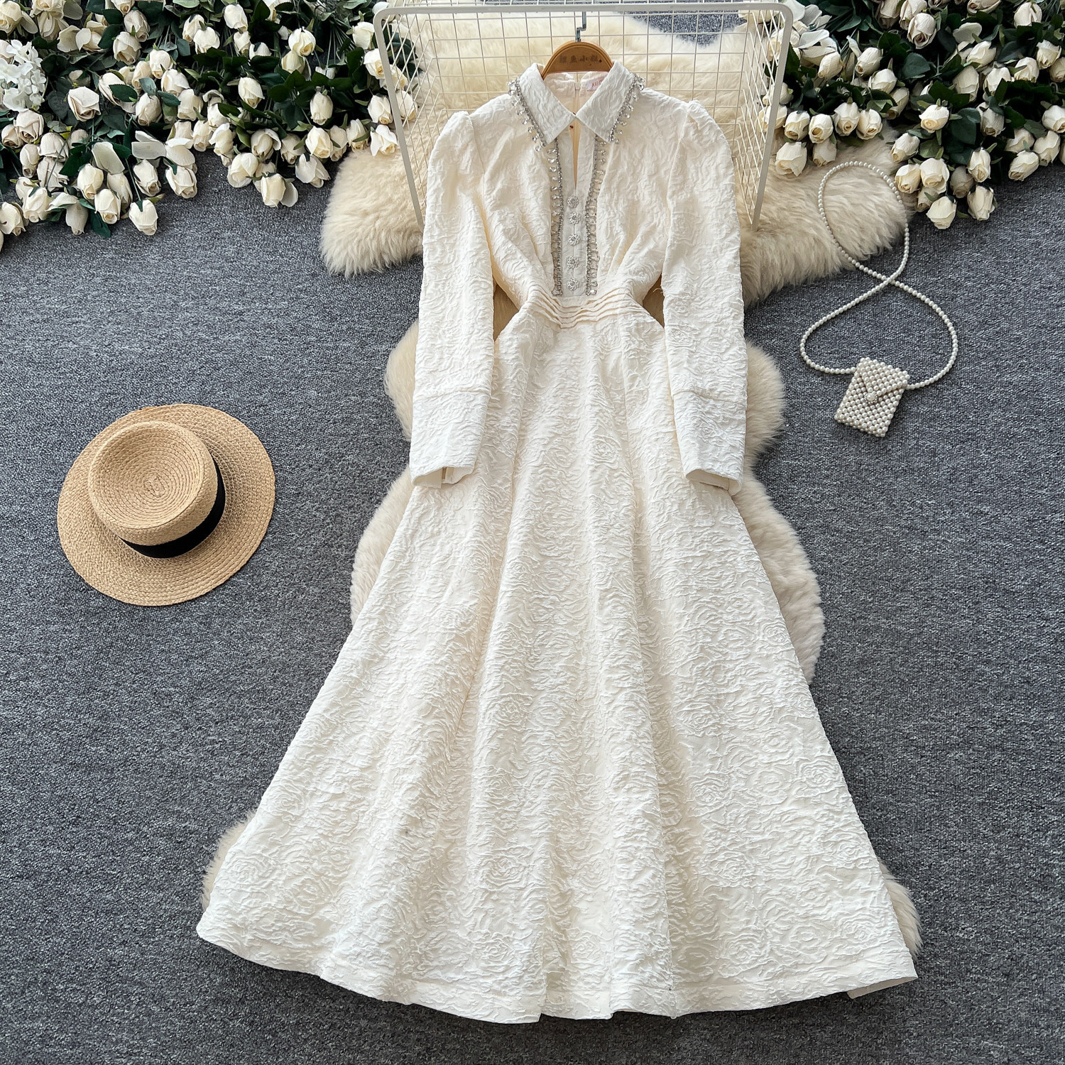 French Lace Long Sleeve Dress for Women Fitted Waist A Line Silhouette Elegant Evening Gown Autumn Collection