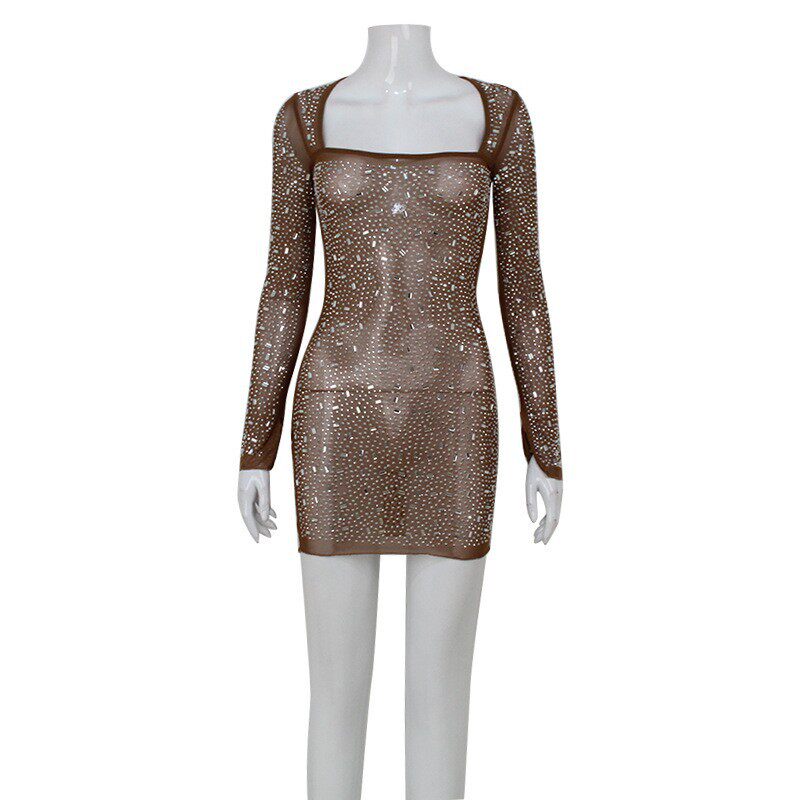 Bodycon Mini Dress Long Sleeve Square Neck Rhinestone Embellished Sheer Mesh Night Out Party Wear Wholesale