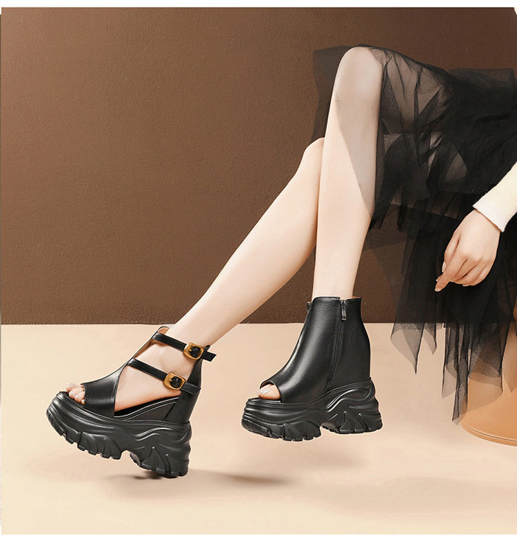 Sandal nữ đế xuồng cao 14 cm quai rộng hở mũi chất da bò — [Đen], [Be] chi tiết 4