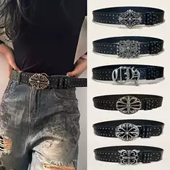 [in Stock] Celebrity-Style Patterned Silver Buckle Studded Black Belt for Men and Women, Decorative Accessory for Dresses and Jeans
