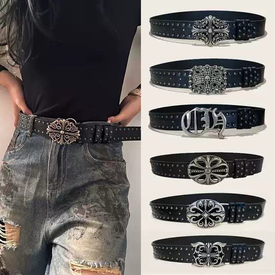 [in Stock] Celebrity-Style Patterned Silver Buckle Studded Black Belt for Men and Women, Decorative Accessory for Dresses and Jeans
