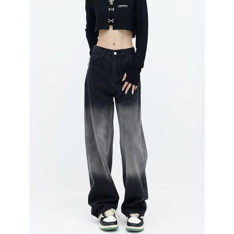 Black Gradient Straight Leg Jeans for Women High Waist Casual Slim Fit Korean Style Spring Fashion for Students