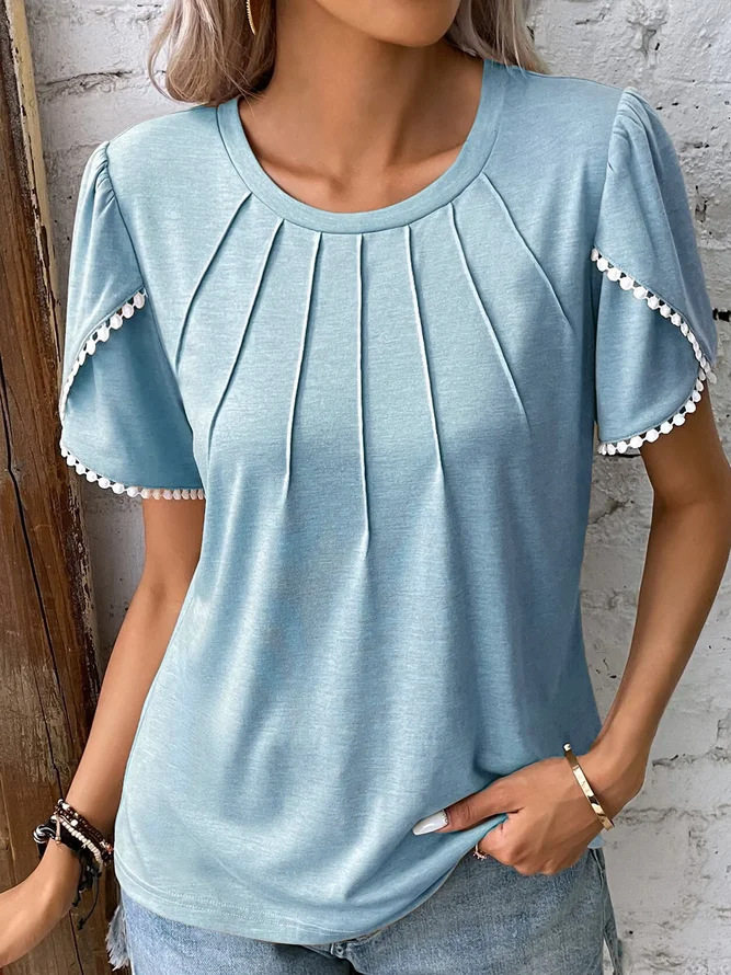 Short Sleeve Pleated T Shirt Round Neck Petal Sleeves Lightweight Fabric Summer Casual Wear for Women Wholesale