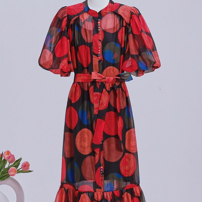 Long Sleeve Puff Sleeve Shirt Dress Waist Defining Floral Print Button Closure Spring Fashion for Women OEM