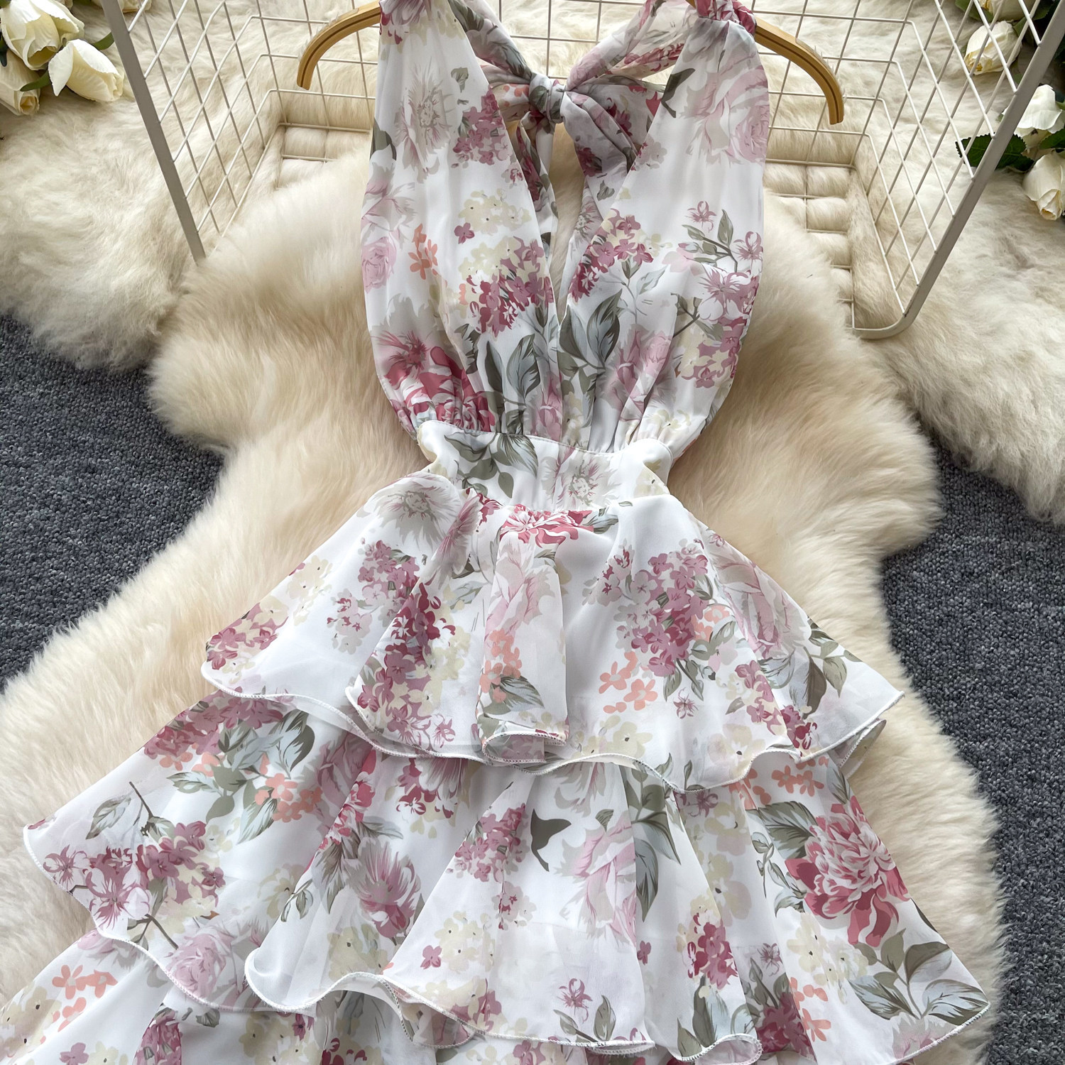 Floral Print V Neck Halter Dress Sleeveless Ruffle Hem Slim Fit Summer Casual Wear for Women Wholesale Available