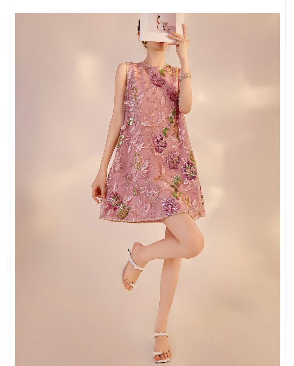 Đầm liền thêu cao cấp không tay dáng chữ A phối sequin lấp lánh — Bột Begonia (giao hàng trong 7 ngày), Bột Begonia (phát hành trong cùng ngày)