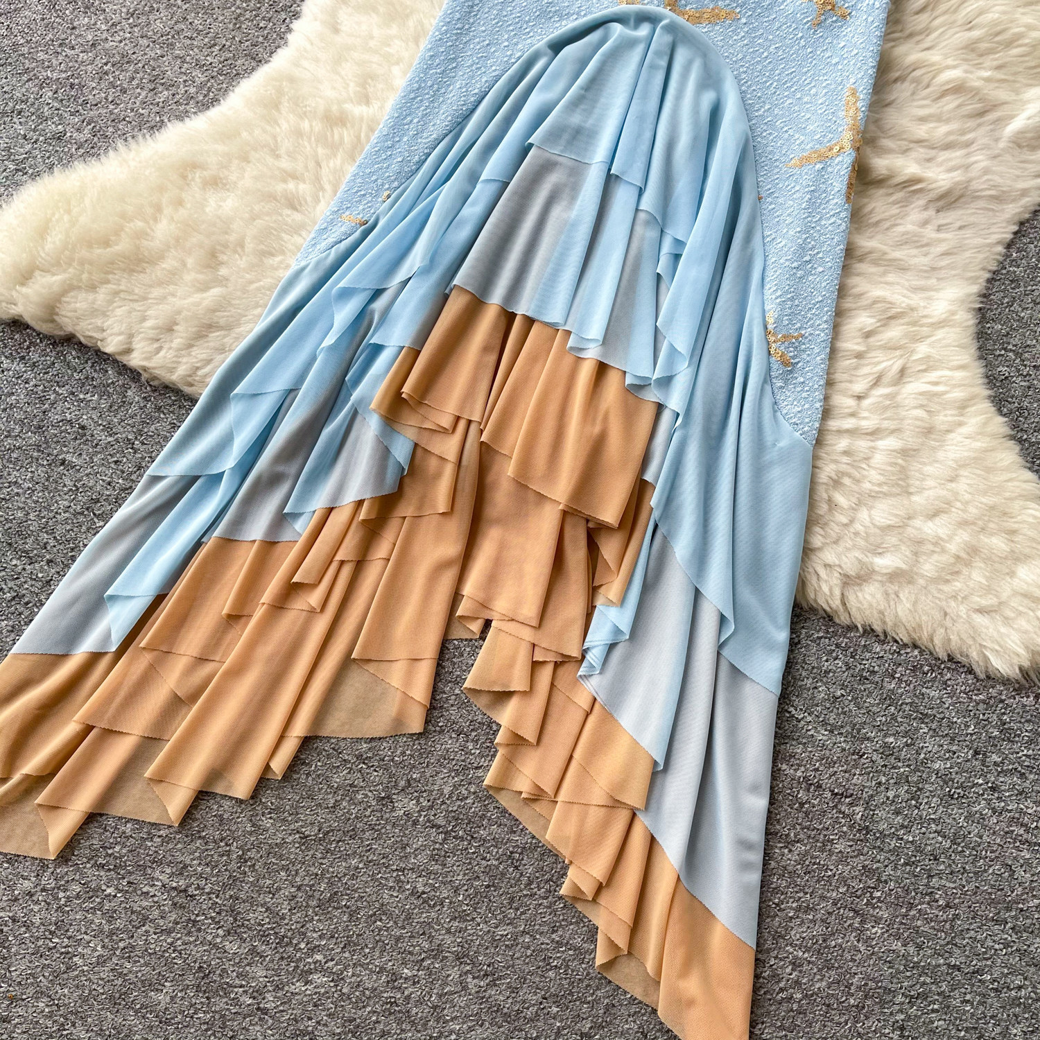 Summer Vacation Asymmetrical One Shoulder Dress Blue Gradient Mermaid Hem Lightweight Fabric Elegant Evening Wear
